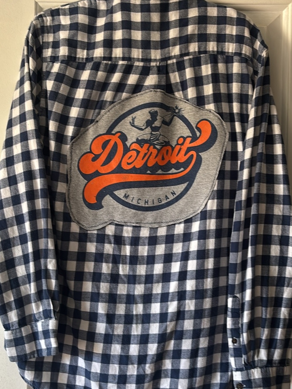 Chaps Navy & White Plaid Button-Down Shirt with Orange Detroit Patch